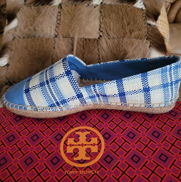 New inbox Tory Burch Color Espadrille in Blue Check Plaid/Light Chambray. Sz 9 - Picture 2 of 6
